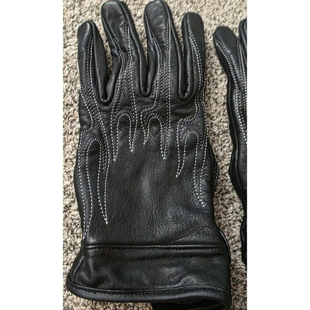 Womens Leather Black Motorcycle Riding Gloves Size Medium Flame Design